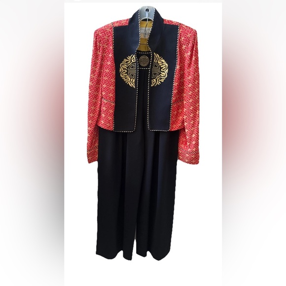 Lillie Rubin Jacket Pant Suit size 10 Black Gold Red Orange
